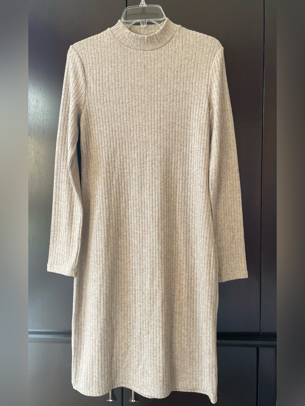 Vince Ribbed Mock-Neck Long Sleeve Dress in Beige